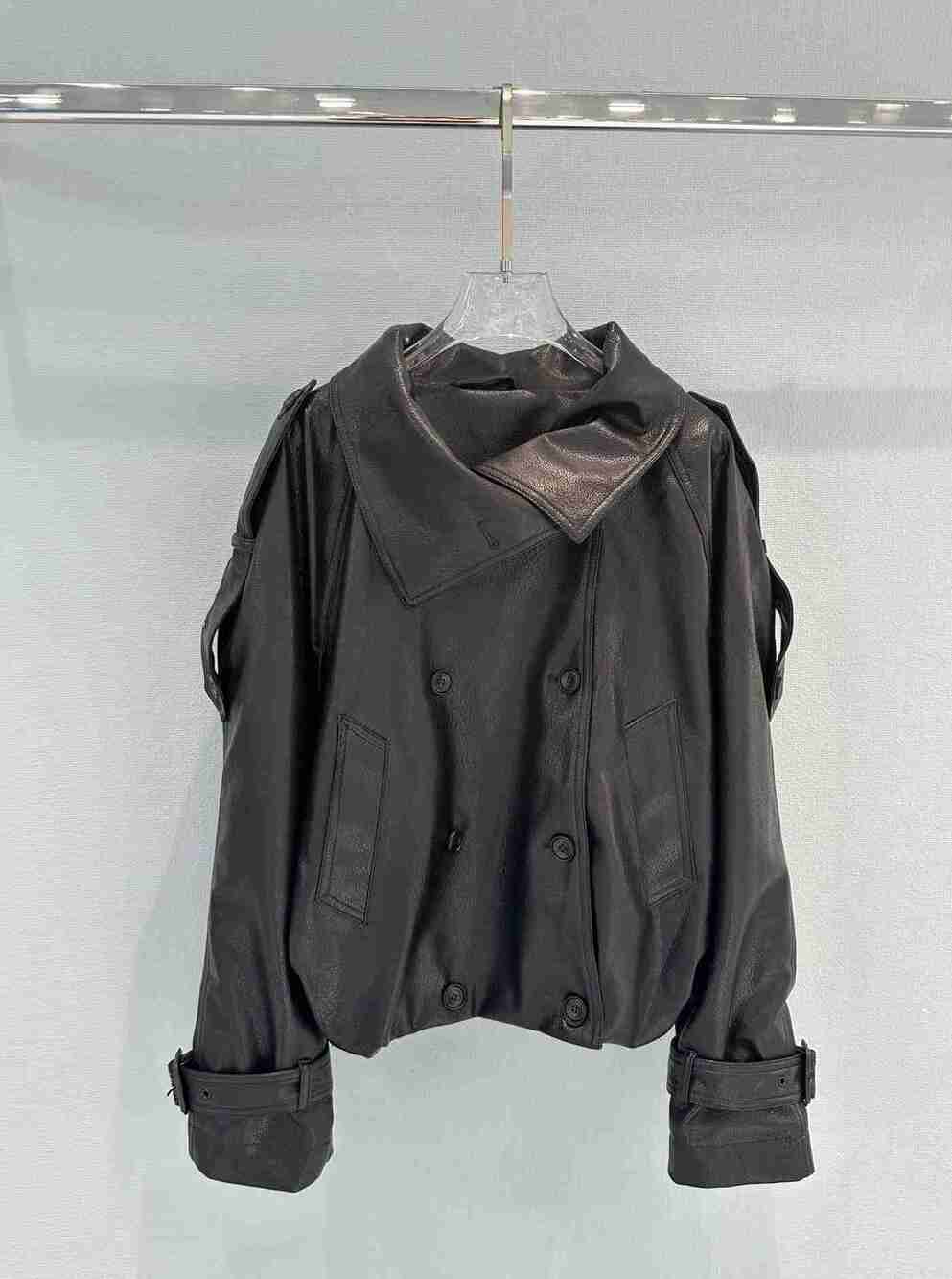 Women's Cropped Black Leather Jacket with Belted Cuffs